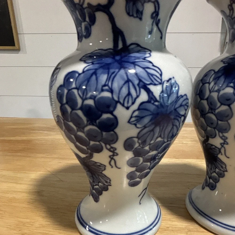 Vintage Pair Blue & White Ceramic Vases Grapevine Pattern Glossy